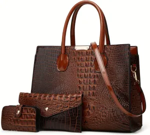 Women's 3-Piece Crocodile Pattern Handbag Set, Large Capacity Tote with Wallet and Coin Purse, Brown