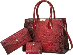 Women's 3-Piece Crocodile Pattern Handbag Set, Large Capacity Tote with Wallet and Coin Purse, Brown