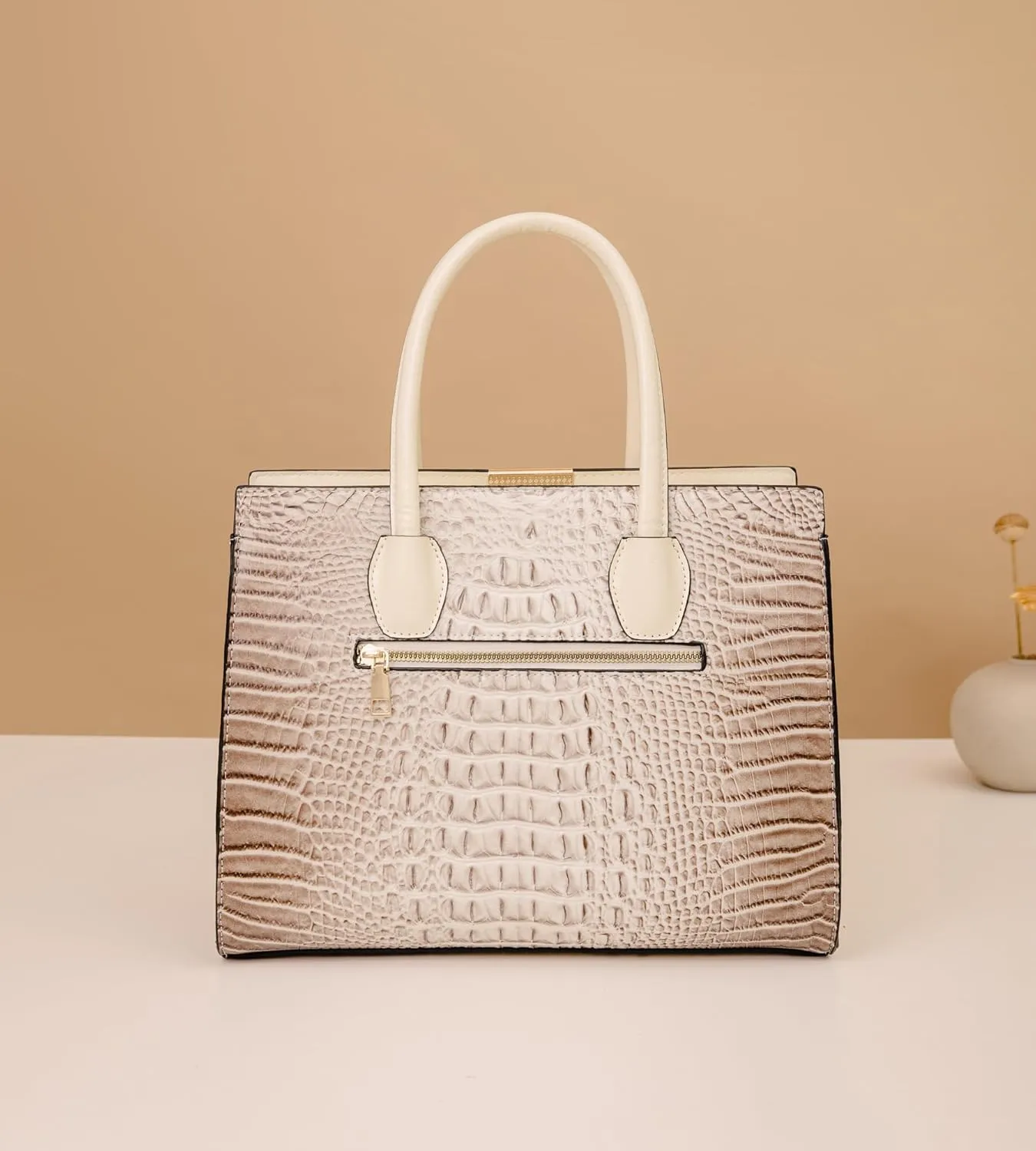 Women's 3-Piece Crocodile Pattern Handbag Set, Large Capacity Tote with Wallet and Coin Purse, Brown