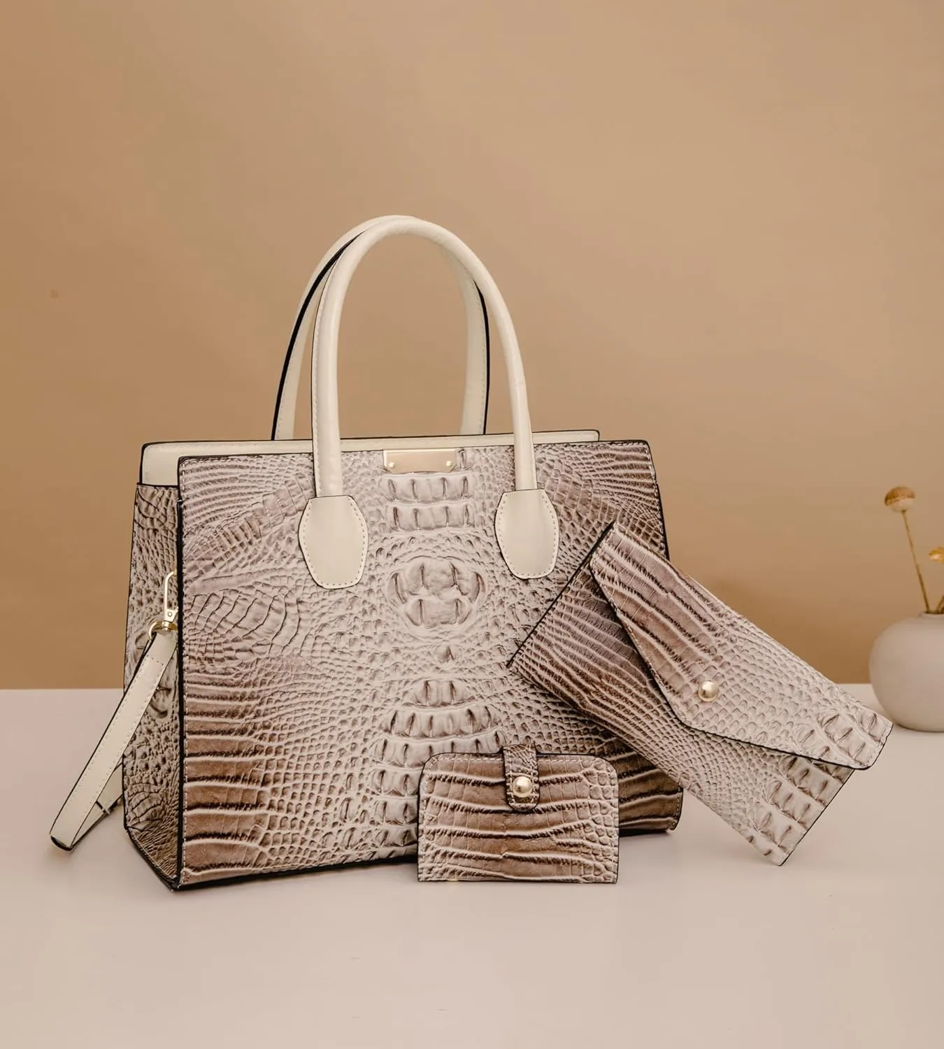 Women's 3-Piece Crocodile Pattern Handbag Set, Large Capacity Tote with Wallet and Coin Purse, Brown