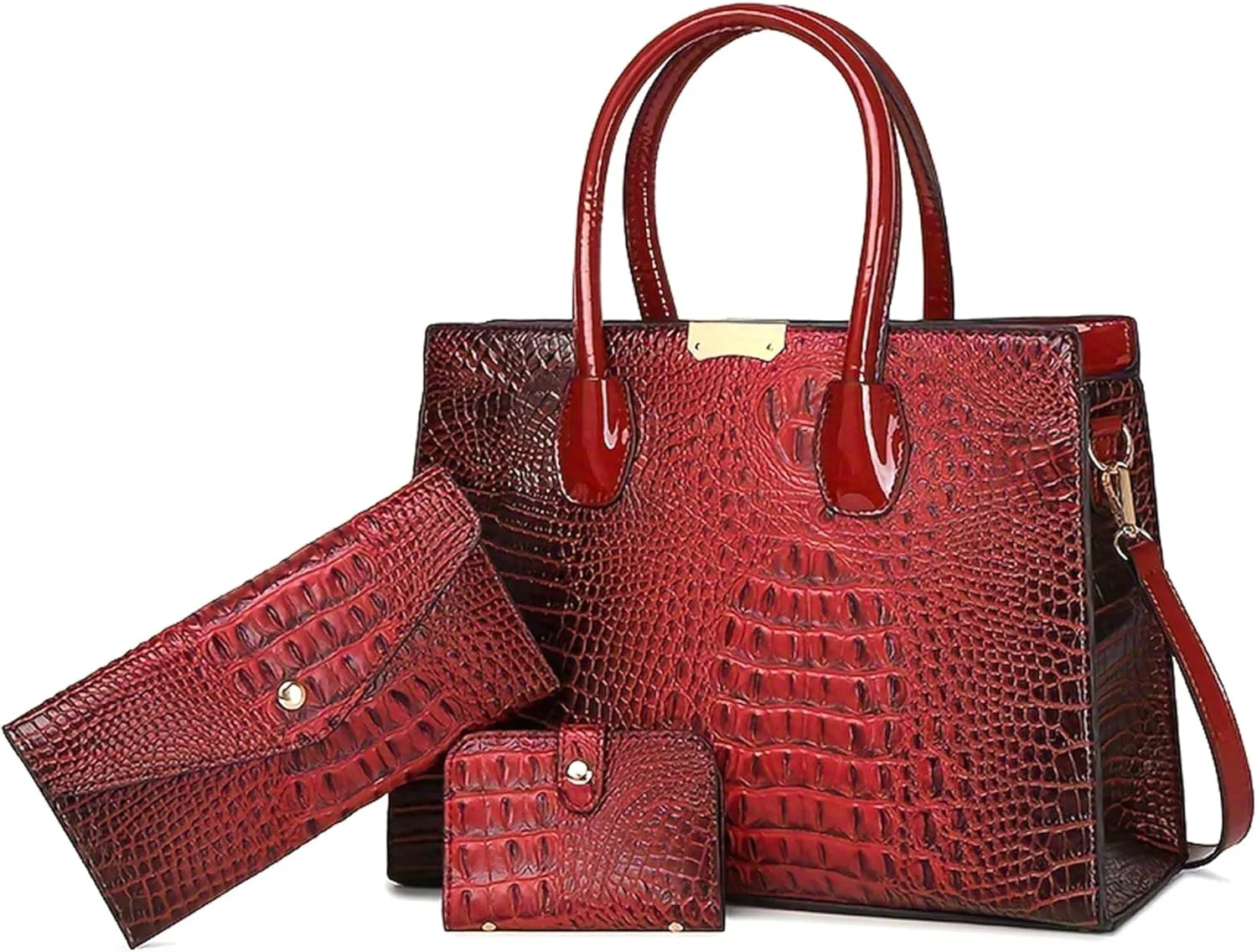Women's 3-Piece Crocodile Pattern Handbag Set, Large Capacity Tote with Wallet and Coin Purse, Brown