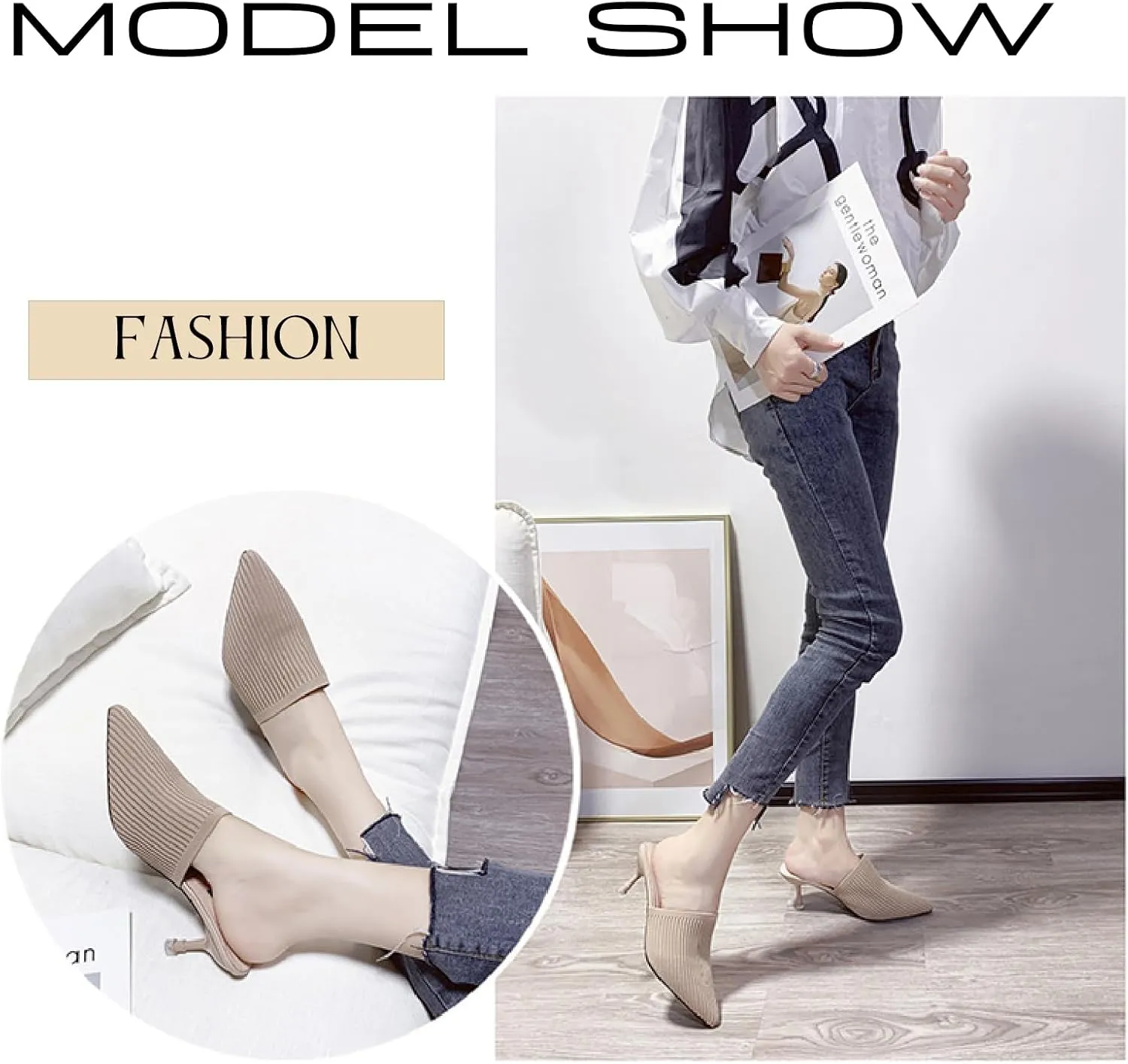 Women's Knit Closed Pointed Toe Kitten Heels Mules Fashion Breathable Mesh Slip On Stiletto Pumps Sandals for Party Prom Date Dressy Slides