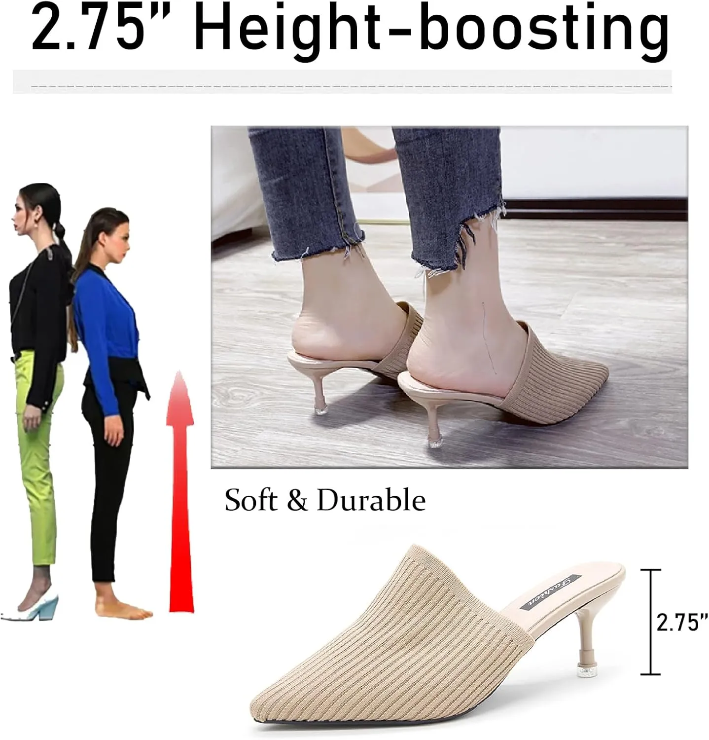 Women's Knit Closed Pointed Toe Kitten Heels Mules Fashion Breathable Mesh Slip On Stiletto Pumps Sandals for Party Prom Date Dressy Slides