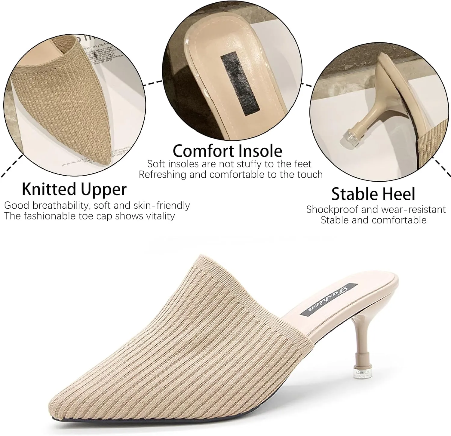 Women's Knit Closed Pointed Toe Kitten Heels Mules Fashion Breathable Mesh Slip On Stiletto Pumps Sandals for Party Prom Date Dressy Slides