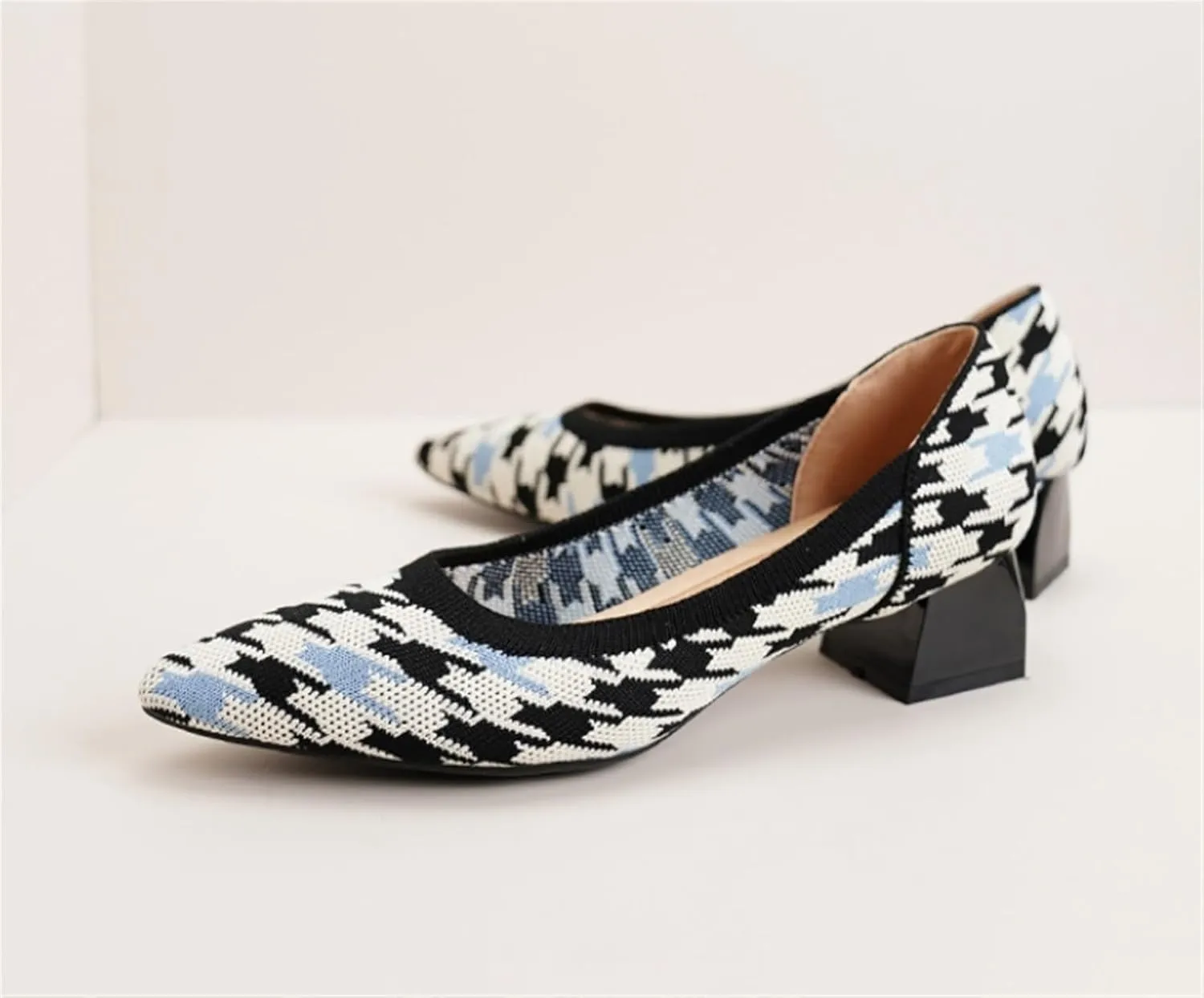 Womens Knit Mesh Pumps Fashion Closed Pointed Toe Block Heels Comfortable Chunky Heel Dressy Shoes for Work Office Wedding