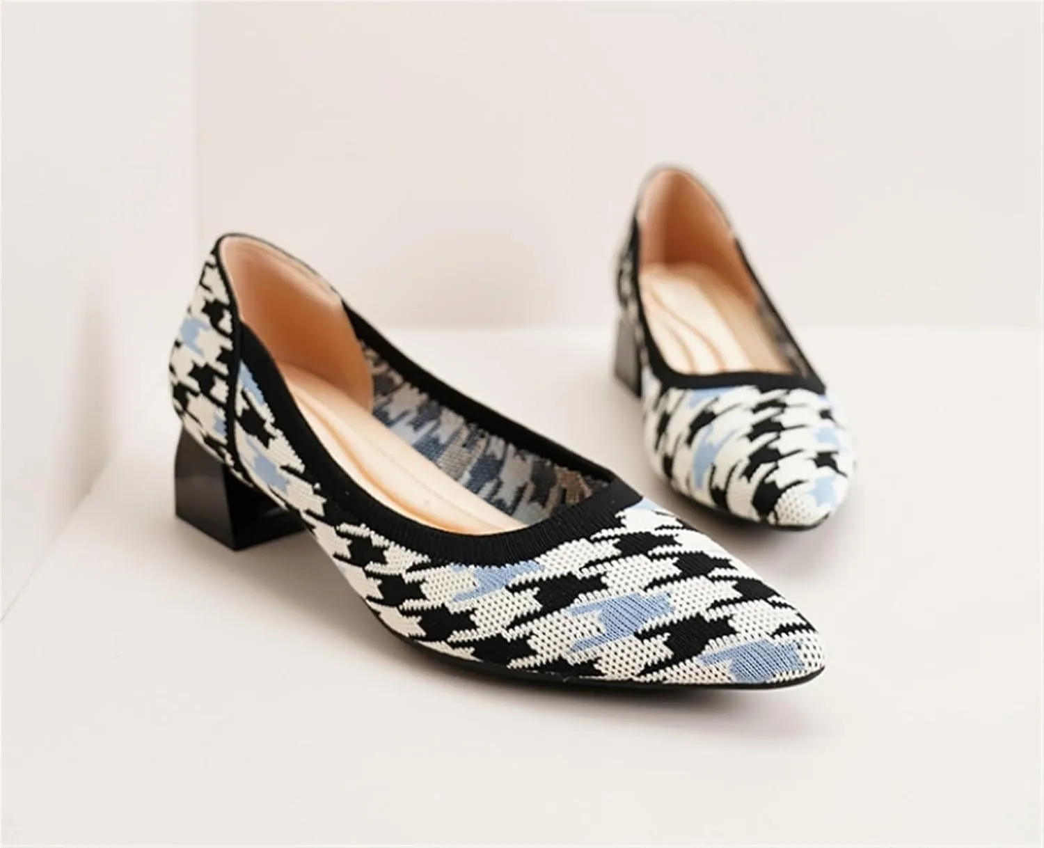 Womens Knit Mesh Pumps Fashion Closed Pointed Toe Block Heels Comfortable Chunky Heel Dressy Shoes for Work Office Wedding