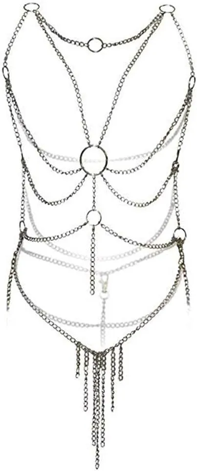Women's Lingerie Chain Set Cross Enticing Tassel Body Link Harness Metal Chain Set Metallic