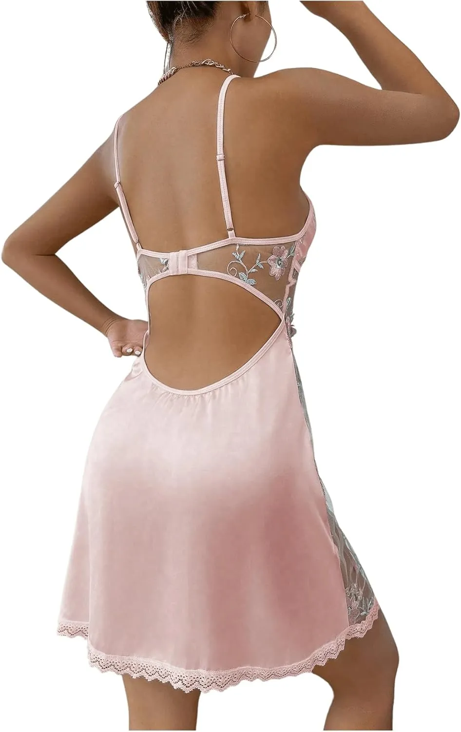 Women's Mesh Floral Embroidery Lace Trim Sheer Chemise Sleep Dresses Babydoll Nightgown Satin Slip Dress