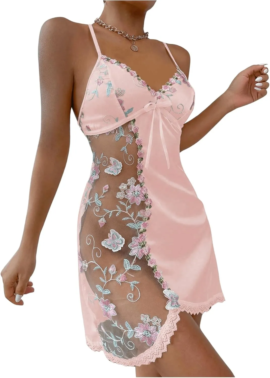 Women's Mesh Floral Embroidery Lace Trim Sheer Chemise Sleep Dresses Babydoll Nightgown Satin Slip Dress