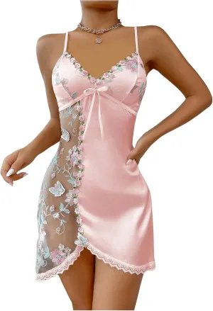 Women's Mesh Floral Embroidery Lace Trim Sheer Chemise Sleep Dresses Babydoll Nightgown Satin Slip Dress