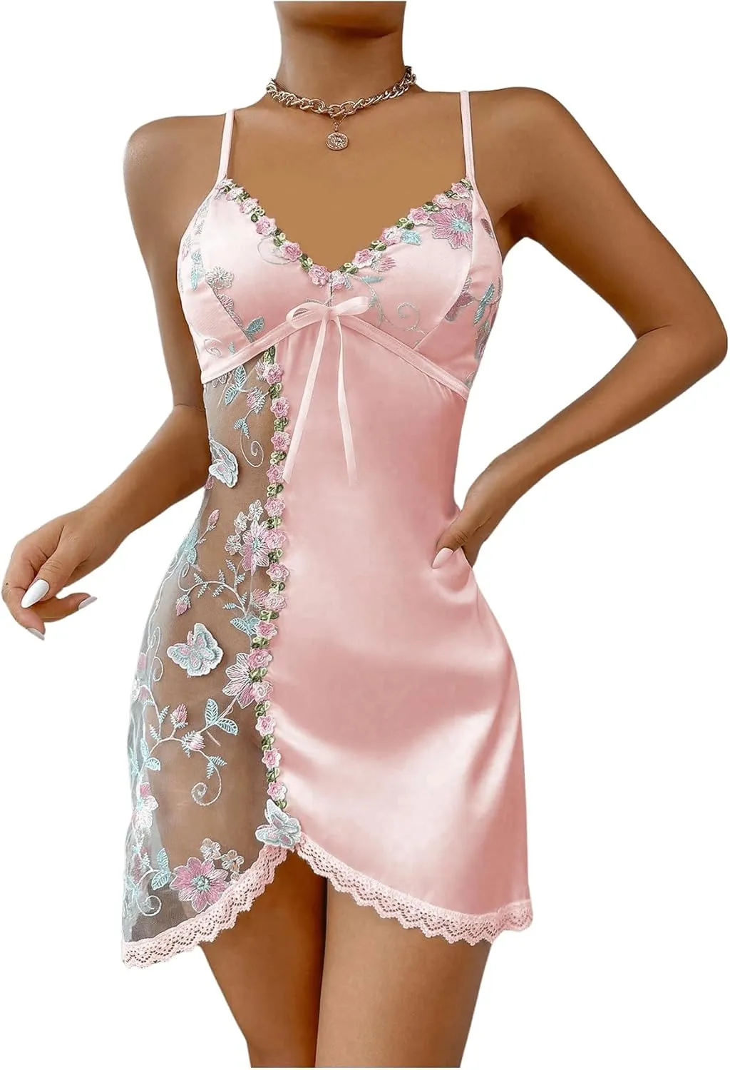 Women's Mesh Floral Embroidery Lace Trim Sheer Chemise Sleep Dresses Babydoll Nightgown Satin Slip Dress