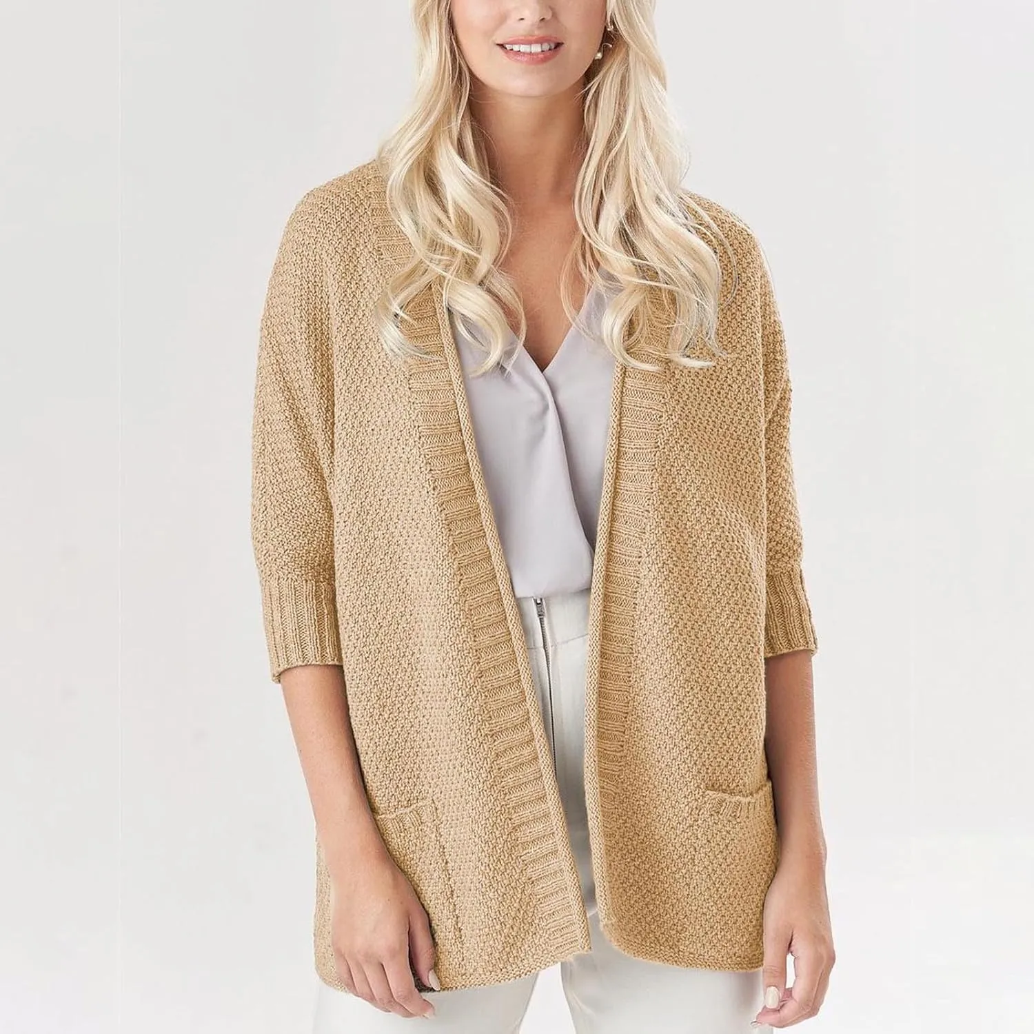 Womens Open Front Cardigan Cable Knit Long Sleeve Casual Outwear Loose Fashion Sweaters with Pockets