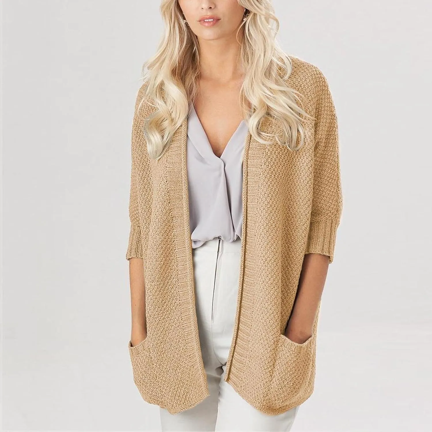 Womens Open Front Cardigan Cable Knit Long Sleeve Casual Outwear Loose Fashion Sweaters with Pockets