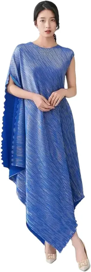 Women's Pleated Dress Gold Irregular O-Neck Long Dresses