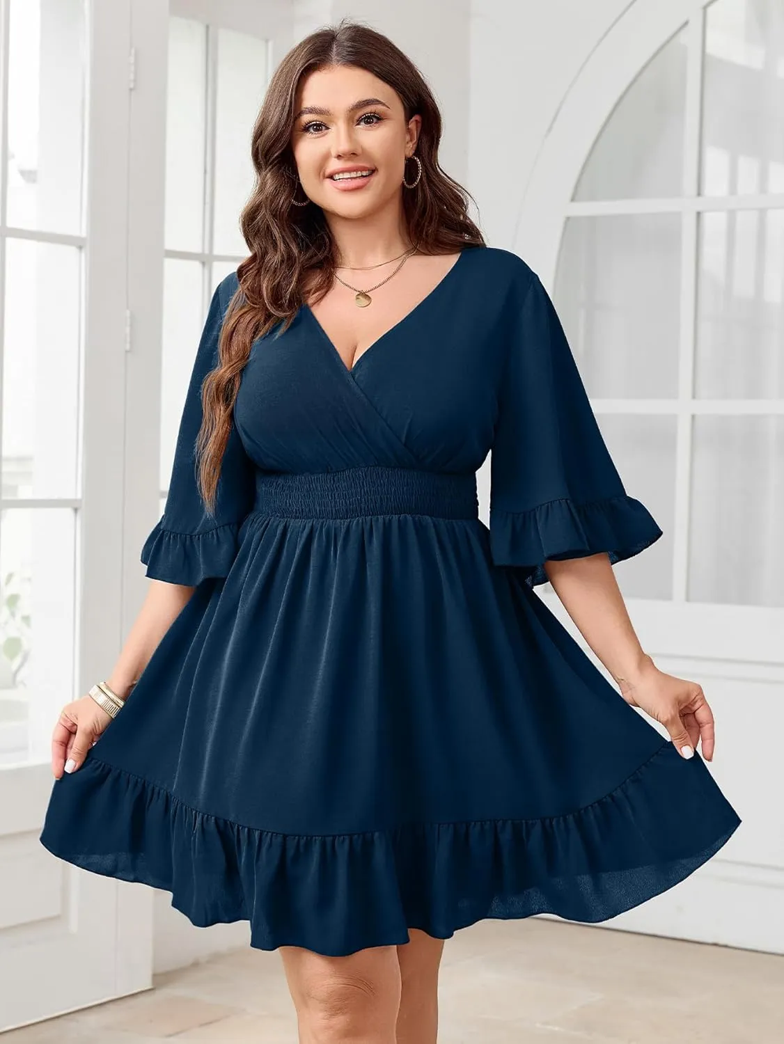 Women's Plus Size Wrap Dress V Neck Ruffle Sleeve Smock Boho Casual Summer Mini Short Dress