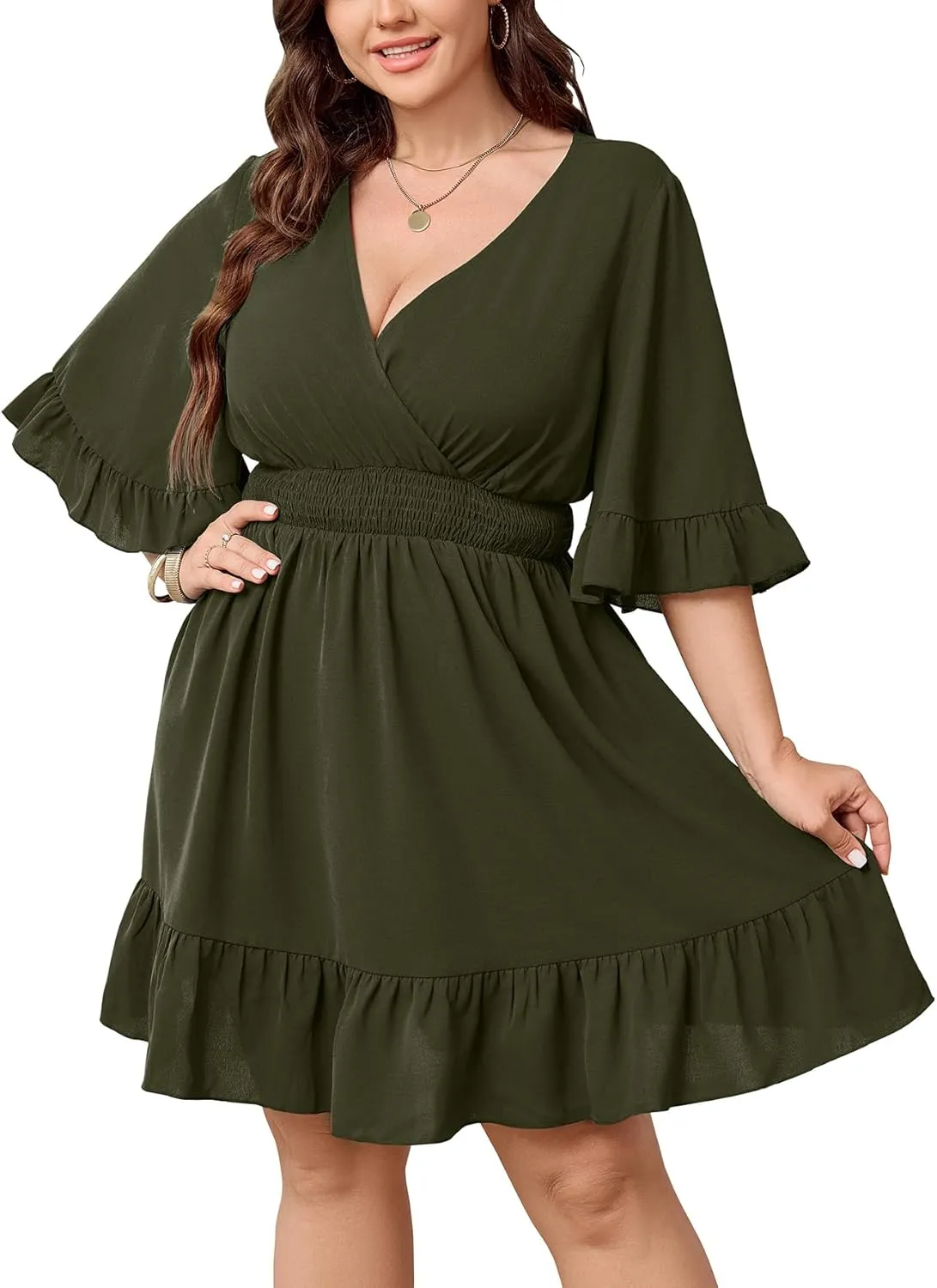 Women's Plus Size Wrap Dress V Neck Ruffle Sleeve Smock Boho Casual Summer Mini Short Dress