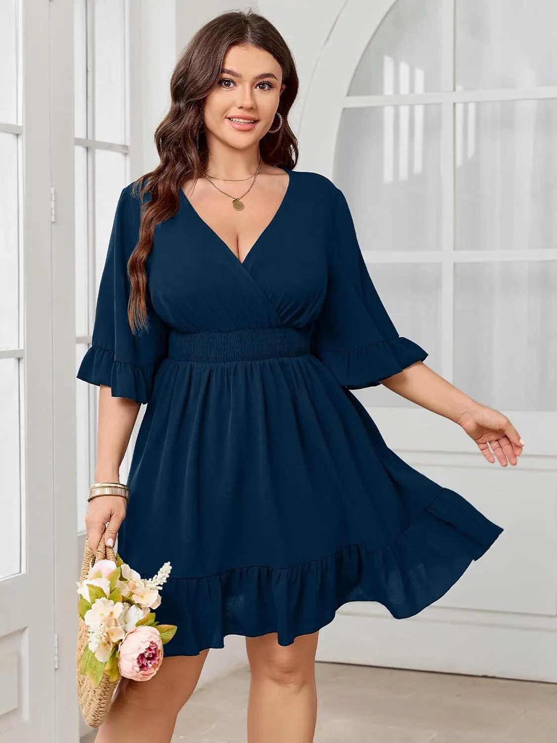 Women's Plus Size Wrap Dress V Neck Ruffle Sleeve Smock Boho Casual Summer Mini Short Dress