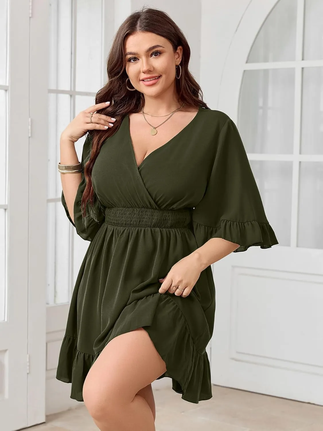 Women's Plus Size Wrap Dress V Neck Ruffle Sleeve Smock Boho Casual Summer Mini Short Dress
