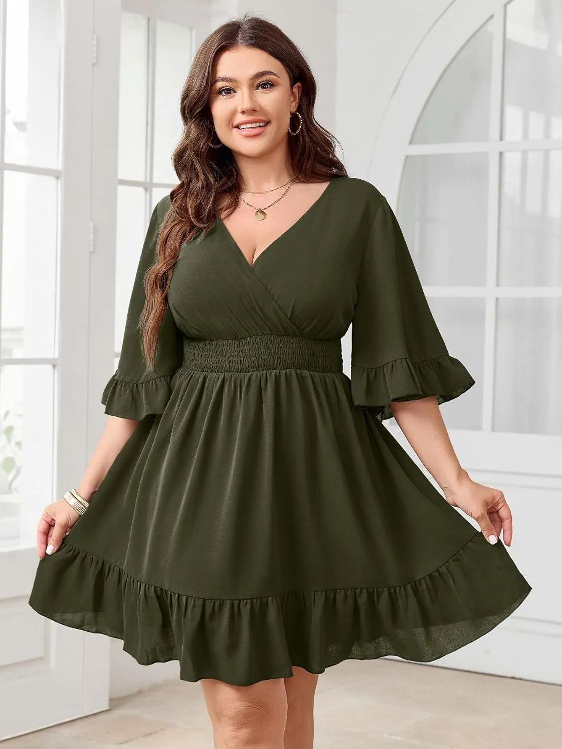 Women's Plus Size Wrap Dress V Neck Ruffle Sleeve Smock Boho Casual Summer Mini Short Dress