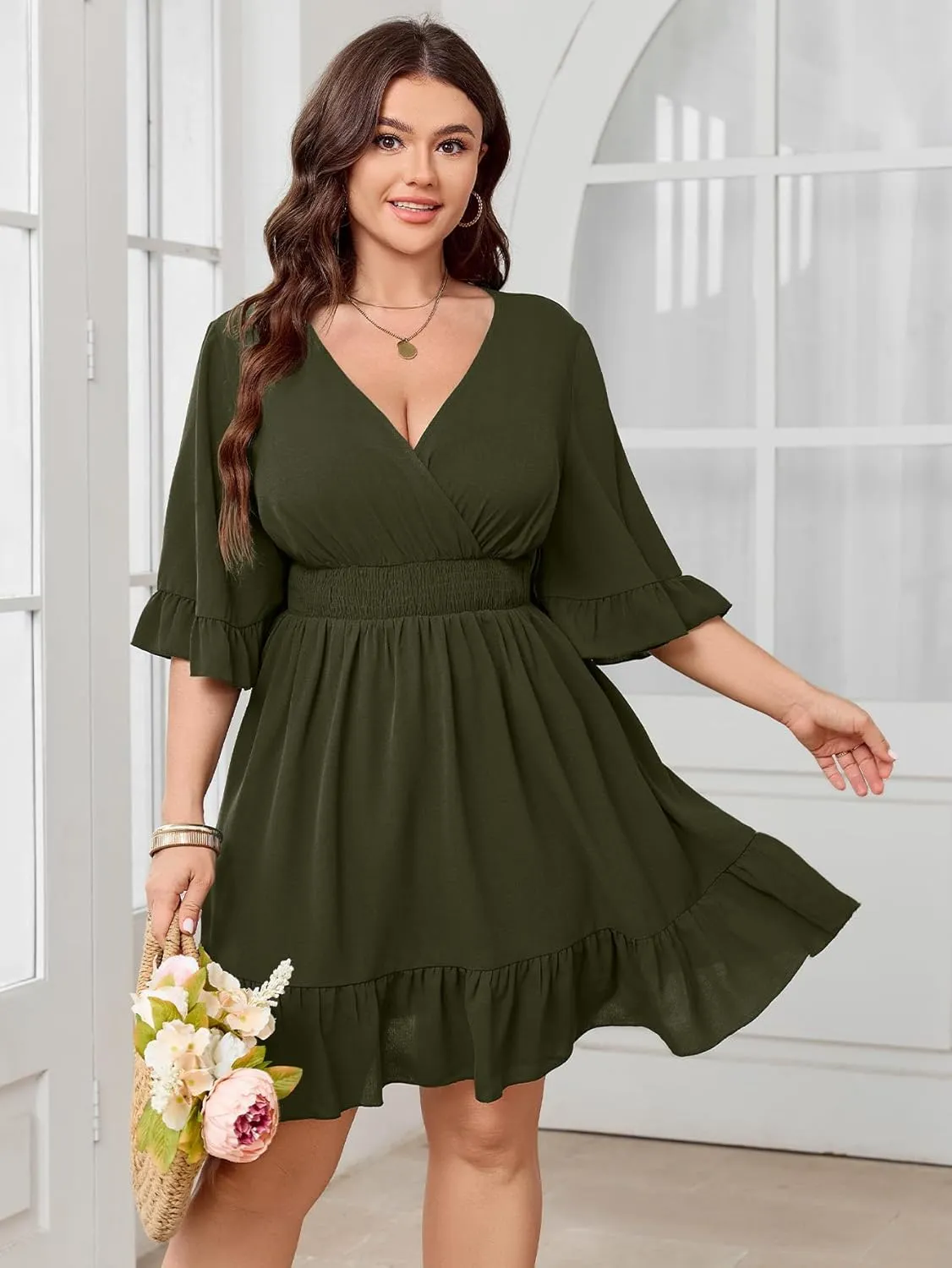 Women's Plus Size Wrap Dress V Neck Ruffle Sleeve Smock Boho Casual Summer Mini Short Dress