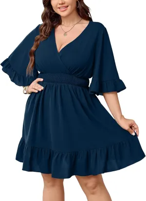 Women's Plus Size Wrap Dress V Neck Ruffle Sleeve Smock Boho Casual Summer Mini Short Dress