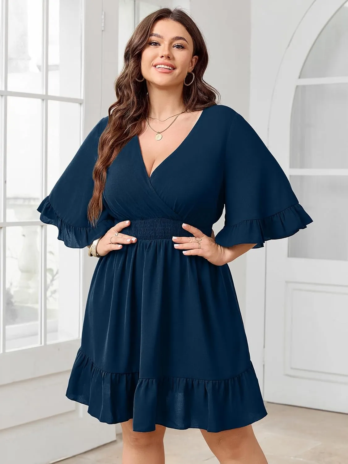 Women's Plus Size Wrap Dress V Neck Ruffle Sleeve Smock Boho Casual Summer Mini Short Dress