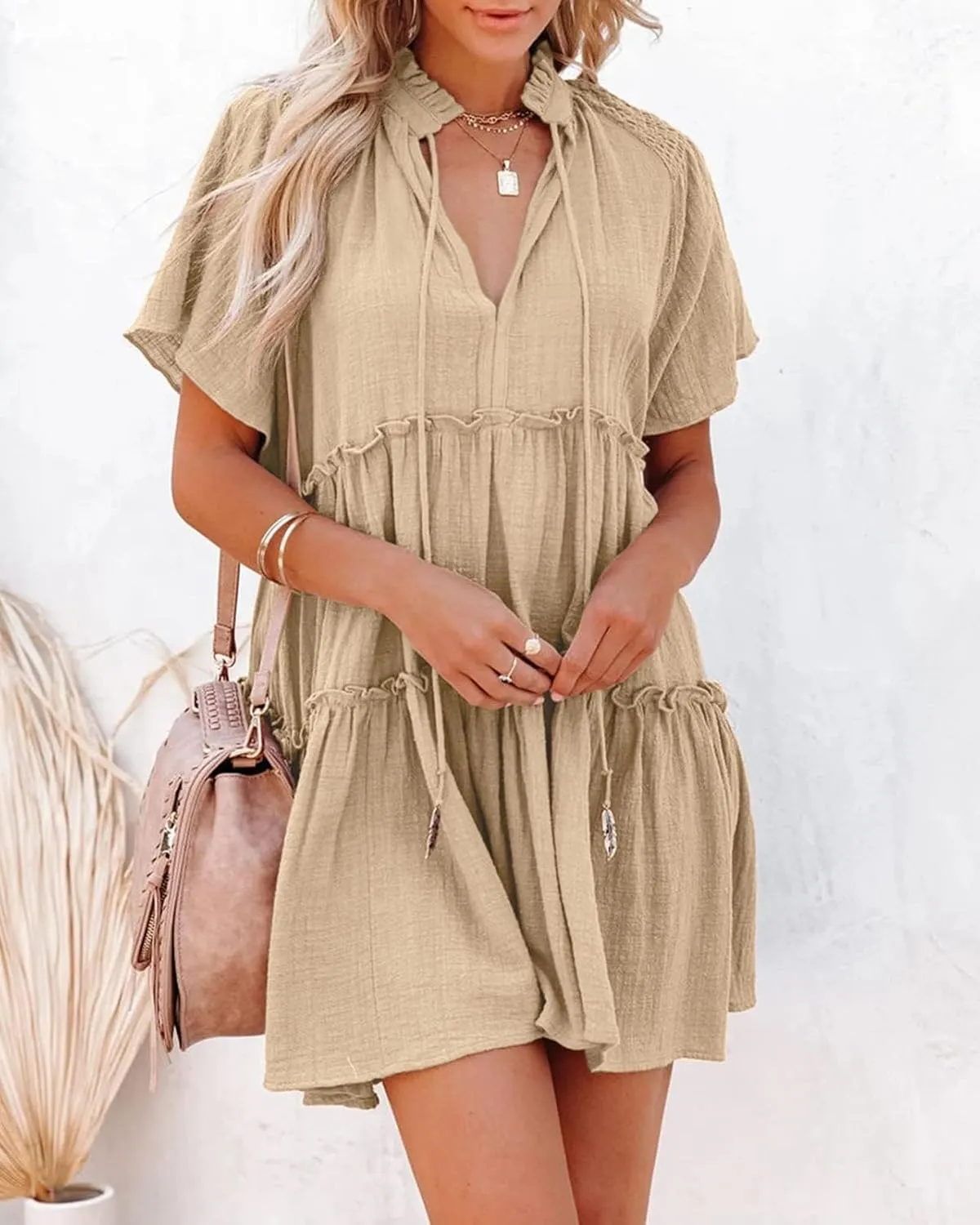 Womens Split V Neck Drawstring Neck Tie Ruffle Tiered Dress Short Sleeve Babydoll Tunic Swing Mini Dresses Sundresses