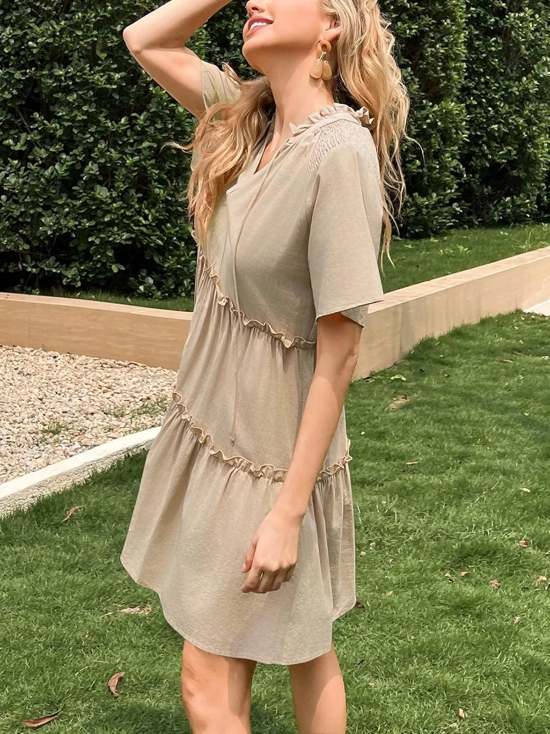 Womens Split V Neck Drawstring Neck Tie Ruffle Tiered Dress Short Sleeve Babydoll Tunic Swing Mini Dresses Sundresses