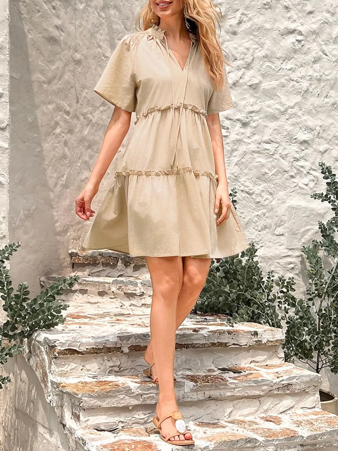 Womens Split V Neck Drawstring Neck Tie Ruffle Tiered Dress Short Sleeve Babydoll Tunic Swing Mini Dresses Sundresses