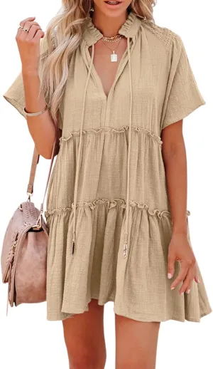 Womens Split V Neck Drawstring Neck Tie Ruffle Tiered Dress Short Sleeve Babydoll Tunic Swing Mini Dresses Sundresses
