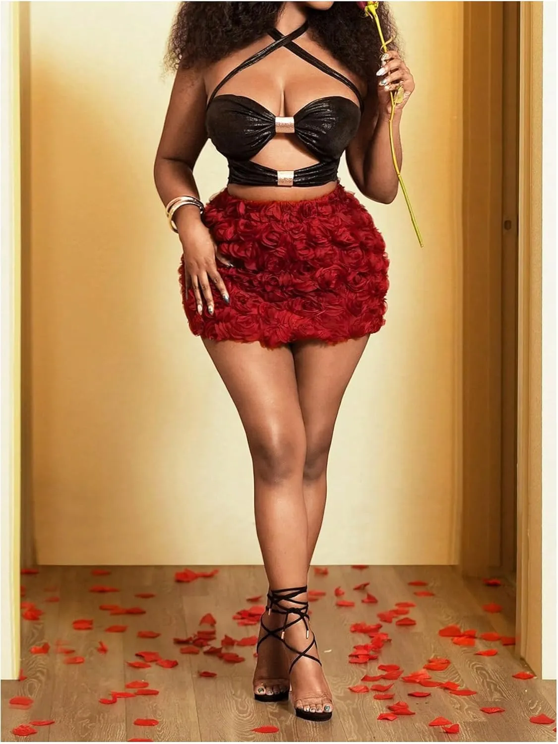Women's Summer 3D Floral Mini Skirt Rose Appliques Casual Bodycon Skrits