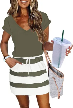 Womens Summer Dress Lantern Sleeve Square Neck Tie Front A-Line Double Layer Hem Mini Dresses