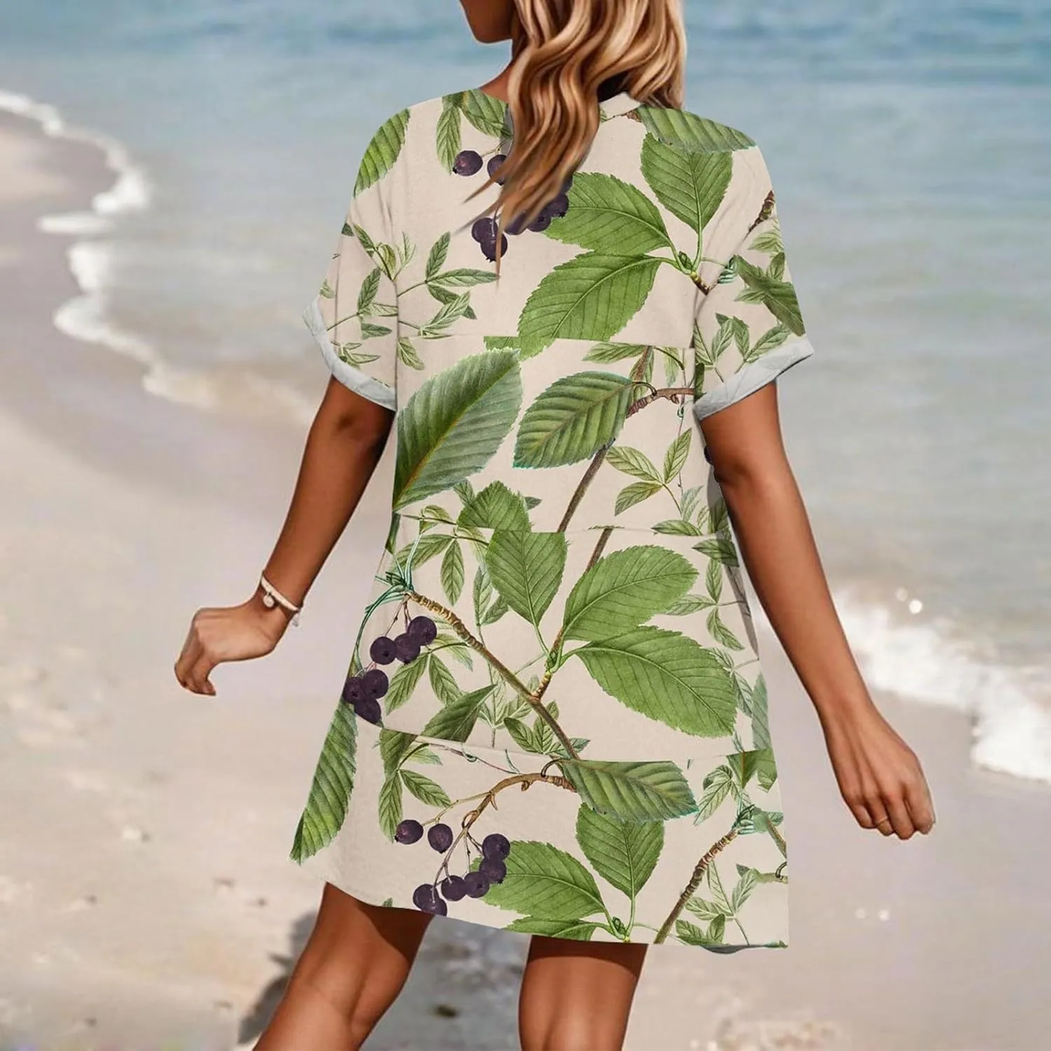 Womens Summer Dresses 2025 Boho Beach V-Neck Short Sleeve Mini Sundress Side Pockets Casual Loose Tshirt Sun Dress