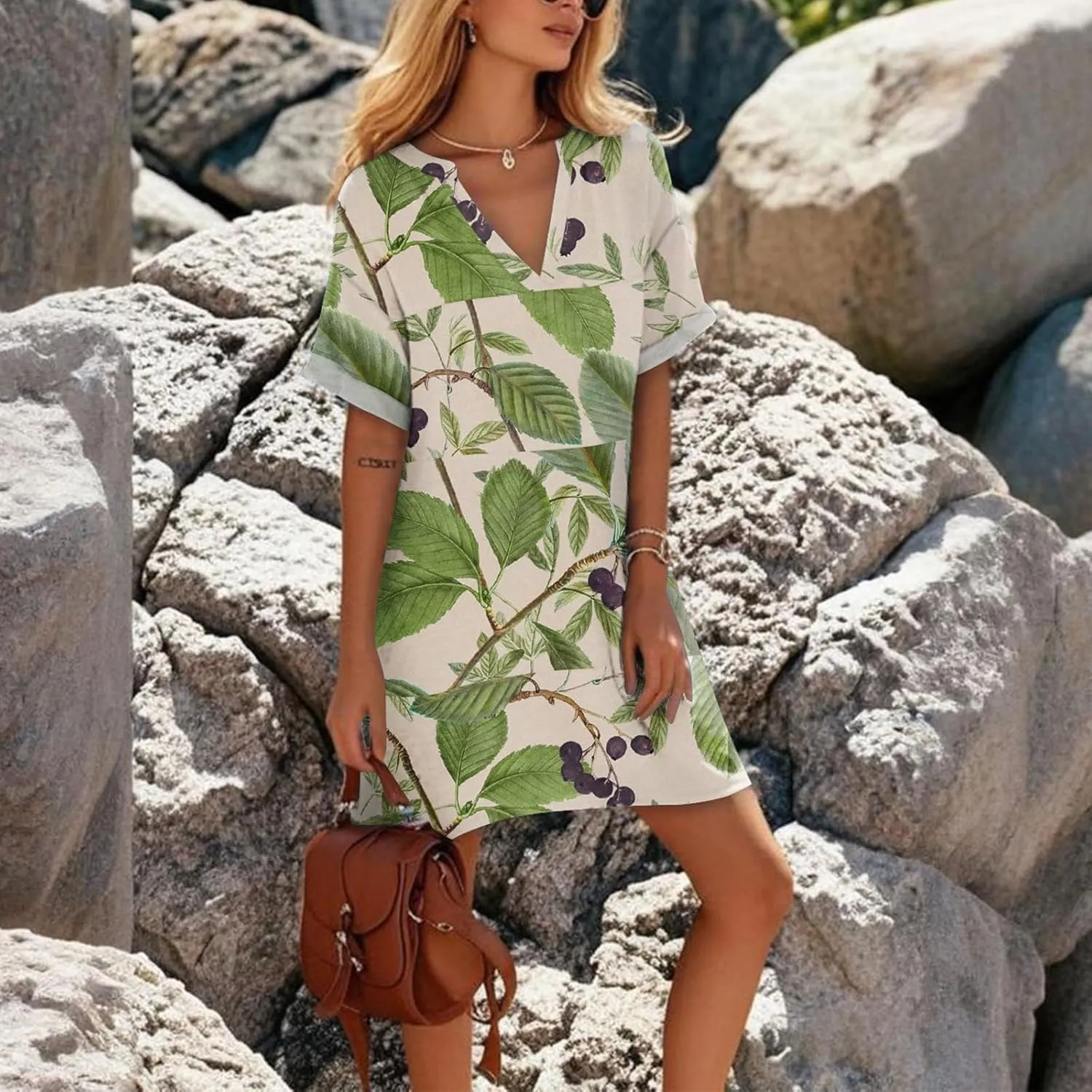Womens Summer Dresses 2025 Boho Beach V-Neck Short Sleeve Mini Sundress Side Pockets Casual Loose Tshirt Sun Dress