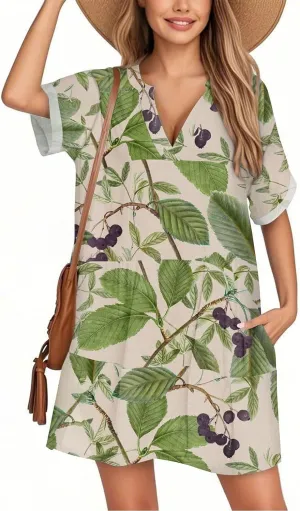 Womens Summer Dresses 2025 Boho Beach V-Neck Short Sleeve Mini Sundress Side Pockets Casual Loose Tshirt Sun Dress