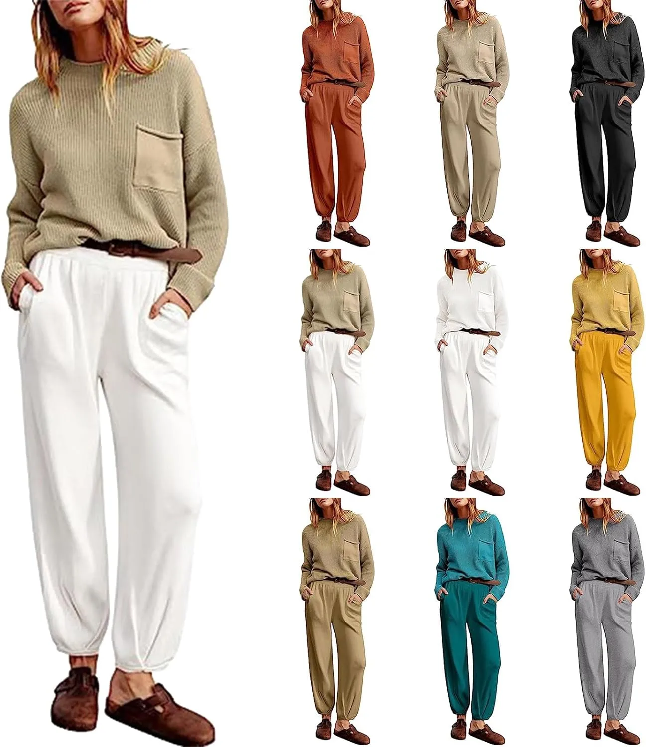 Women's Trendy Sweatsuits Chest Pocket Knit Long Sleeve Pullover Sweater and Jogger Pants Sets Casual Two Piece Lounge Outfit