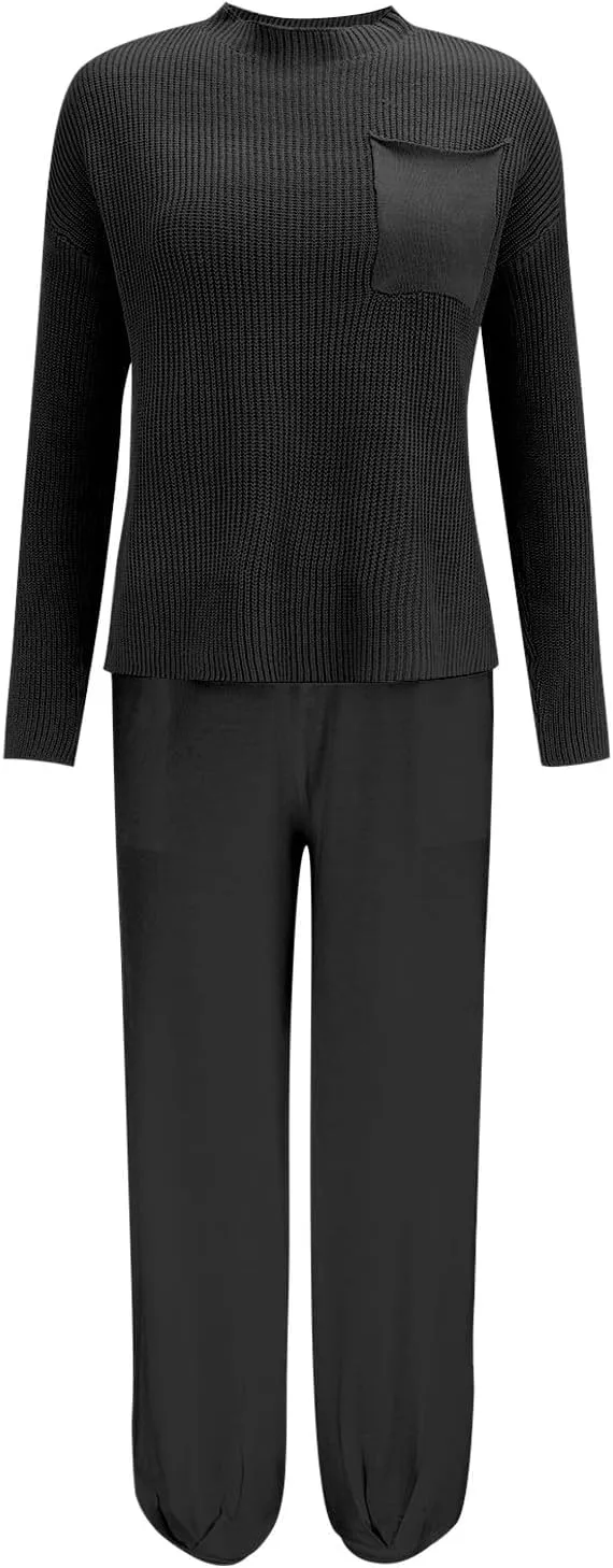 Women's Trendy Sweatsuits Chest Pocket Knit Long Sleeve Pullover Sweater and Jogger Pants Sets Casual Two Piece Lounge Outfit