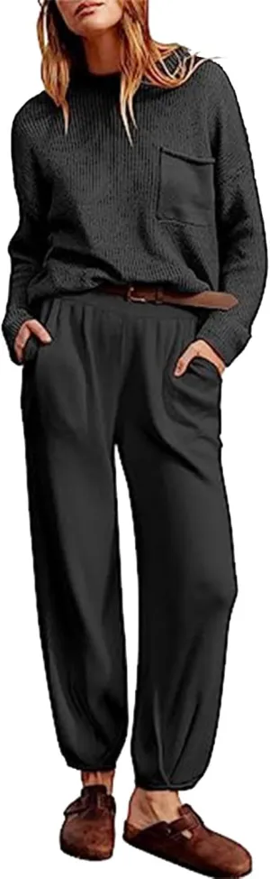 Women's Trendy Sweatsuits Chest Pocket Knit Long Sleeve Pullover Sweater and Jogger Pants Sets Casual Two Piece Lounge Outfit