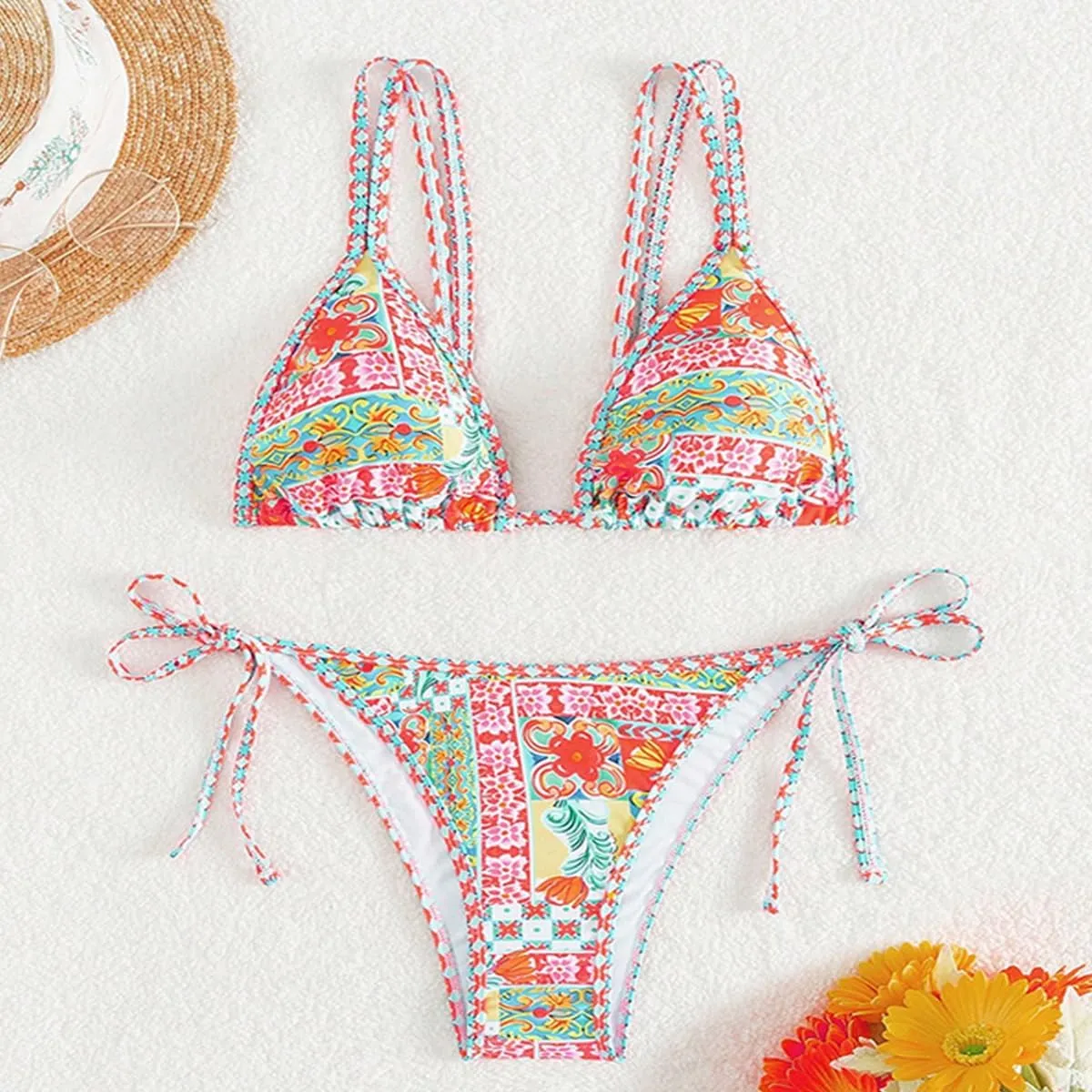 Womens Triangl Bikini 2 Piece Floral Patterned High Waisted Bikini Sets Colorful Top Tong Bathing Suits Bikinis Swimsuit