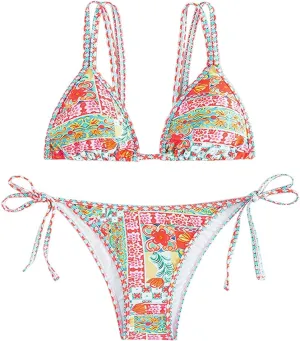 Womens Triangl Bikini 2 Piece Floral Patterned High Waisted Bikini Sets Colorful Top Tong Bathing Suits Bikinis Swimsuit
