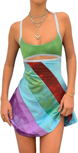 Women's Vintage Print Semi-Sheer Sheath Dress 2004s Fashion Bodycon Mini Slip Dress Retro Bandana Print Fitted Strap Dress