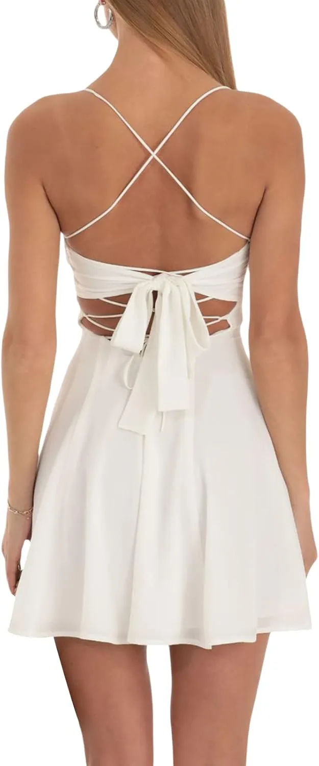 Women's Y2k Corset Mini Dress Cute Bow Lace Patchwork Sleeveless Low Cut A-Line Wedding Graduation Party Short Dress