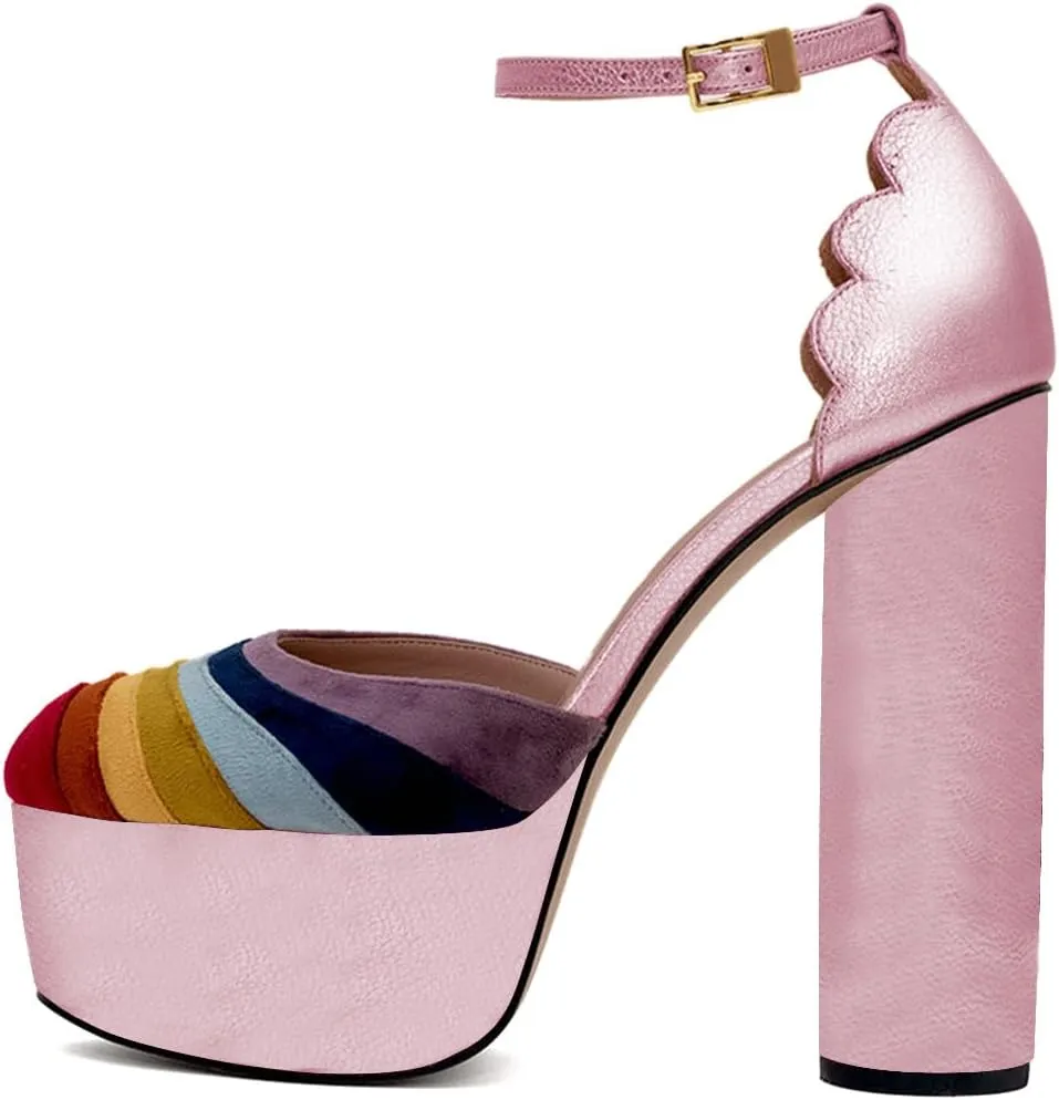 XYD Women Colorful Closed Almond Toe Platform Pumps Block High Heel Ankle Strap Waved Party Shoes