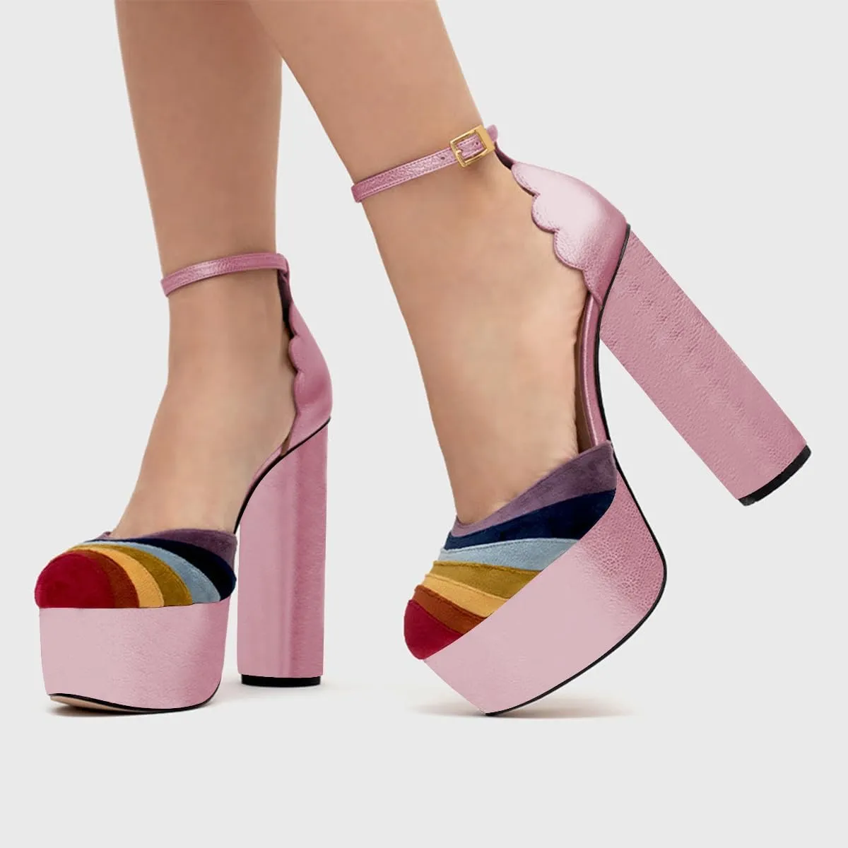 XYD Women Colorful Closed Almond Toe Platform Pumps Block High Heel Ankle Strap Waved Party Shoes