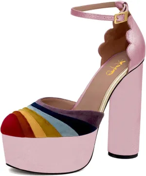 XYD Women Colorful Closed Almond Toe Platform Pumps Block High Heel Ankle Strap Waved Party Shoes