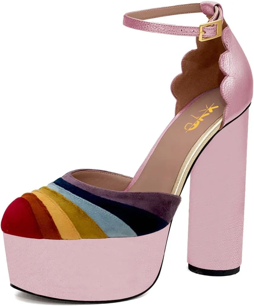 XYD Women Colorful Closed Almond Toe Platform Pumps Block High Heel Ankle Strap Waved Party Shoes