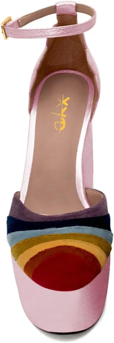 XYD Women Colorful Closed Almond Toe Platform Pumps Block High Heel Ankle Strap Waved Party Shoes