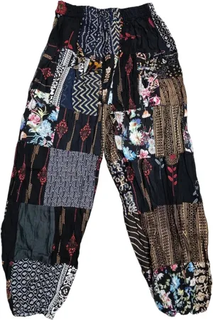 YILLE Boho Patchwork Harem Pants for Women, Casual Loose Fit Hippie Yoga Joggers with Pockets, Bohemian Lounge Comfy Palazzo