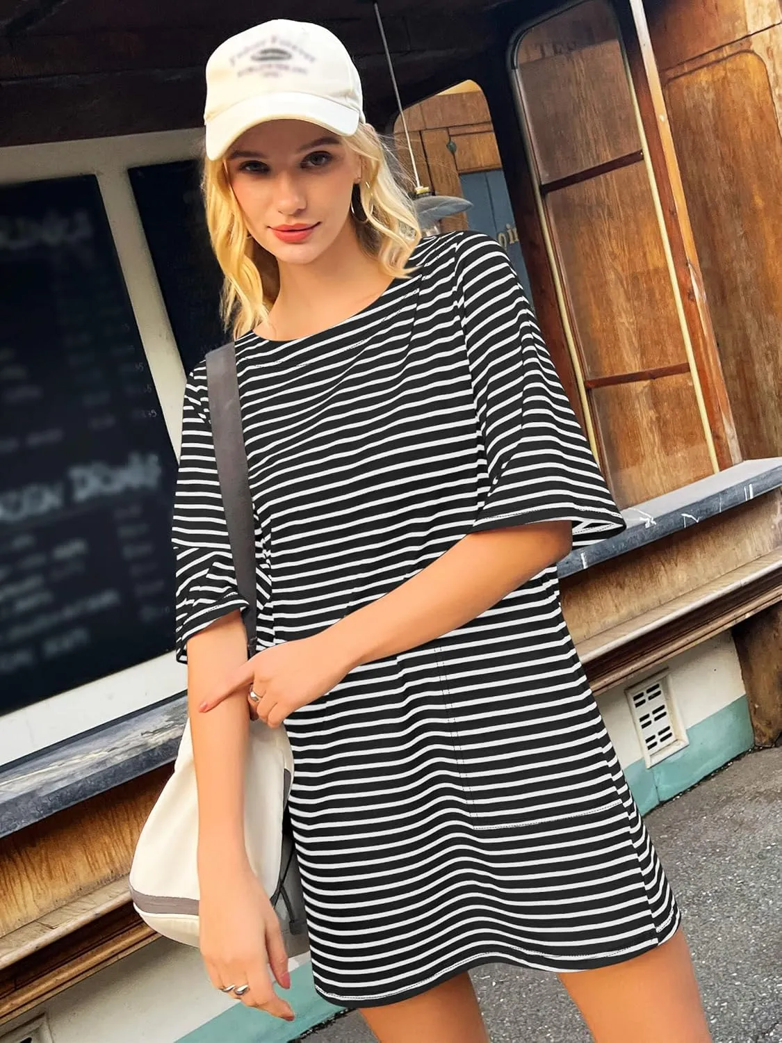 Yousify Women’s T Shirt Dress Cotton Summer Dresses 2025 Casual Loose Short Sleeve Striped Mini Dress with Pockets