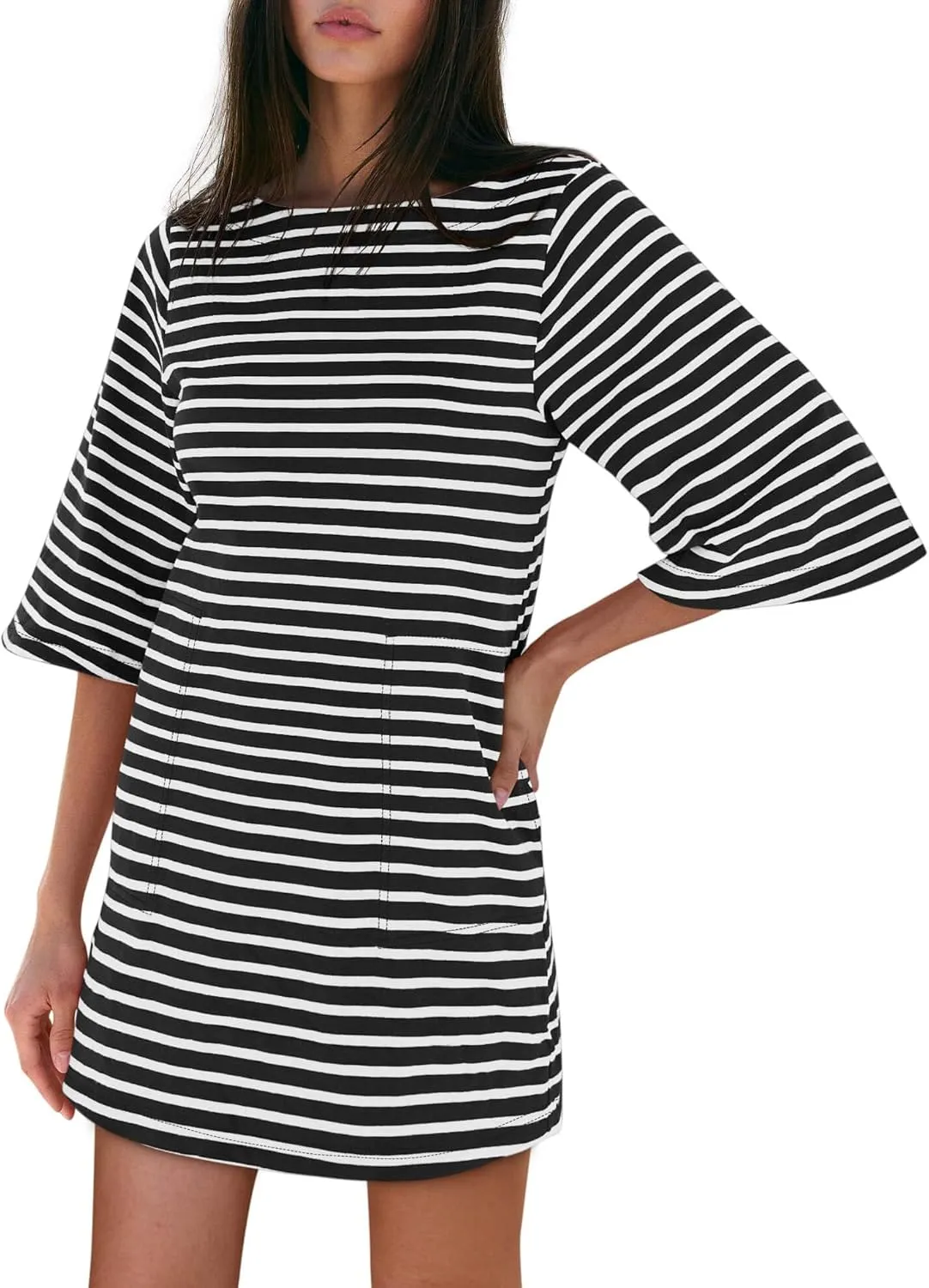 Yousify Women’s T Shirt Dress Cotton Summer Dresses 2025 Casual Loose Short Sleeve Striped Mini Dress with Pockets
